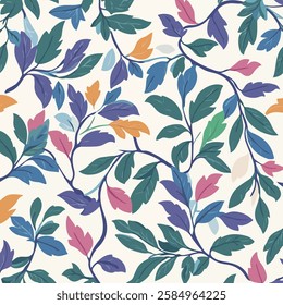 A vibrant and intricate pattern featuring various leaves and branches in a mix of colors including green, blue, pink, and yellow, set against a light background.