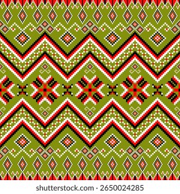 Vibrant and intricate seamless geometric pattern with a striking striped layout, inspired by traditional ethnic weaving. This eye-catching design features bold red and yellow diamond motifs on white