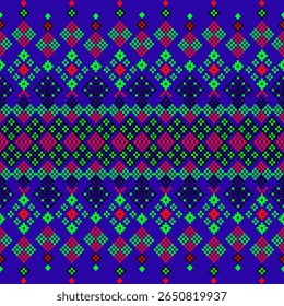 Vibrant and intricate seamless geometric pattern with a distinctive ethnic or folk art aesthetic. The design features a repeating grid of large diamond shapes, prominently filled with bright yellow 