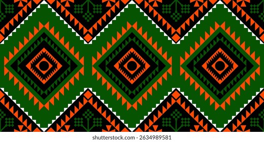 A vibrant and intricate seamless pattern featuring geometric shapes inspired by African and Oriental ethnic designs. The bold combination of deep green, striking orange, black, and white creates a dyn