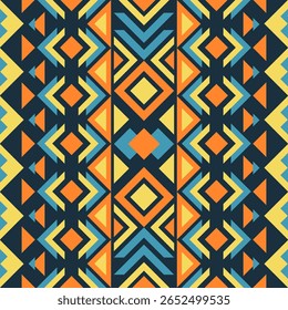 Um padrão contínuo vibrante e intrincado com motivos geométricos astecas e tribais em laranja, amarelo e azul sobre um fundo escuro. Perfeito para design de moda, impressões digitais, têxteis e va