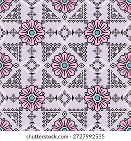 Um padrão contínuo vibrante e intrincado com flores estilizadas e elementos geométricos, criando uma tapeçaria visual cativante.