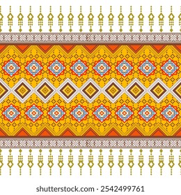 A vibrant and intricate textile design featuring a geometric motif with red, yellow, and white elements. The design is created using a repeating arrangement of shapes and lines.