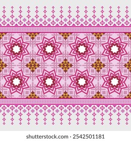 A vibrant and intricate textile design featuring a floral motif with pink, brown, and white elements. The design is created using a repeating arrangement of shapes and lines.