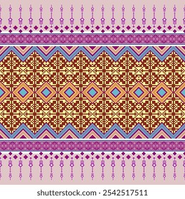 A vibrant and intricate textile design featuring a geometric motif with purple, yellow, and red elements. The design is created using a repeating arrangement of shapes and lines.