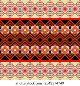 
A vibrant and intricate textile design featuring a bold color palette and geometric shapes. The pattern is reminiscent of traditional folk art and would be perfect for a variety of applications, from