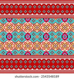 A vibrant and intricate textile pattern featuring a bold color palette and geometric shapes. The design is reminiscent of traditional folk art and would be perfect for a variety of applications, from 