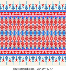 Un patrón de seda tailandés vibrante e intrincado con Formas geométricas en tonos de rojo, azul y blanco. El diseño exhibe técnicas textiles tailandesas tradicionales y es perfecto para varios proyectos de diseño