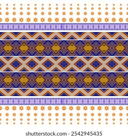 A vibrant and intricate Thai silk pattern featuring geometric shapes in shades of yellow, orange, blue, and white. The design showcases traditional Thai textile techniques and is perfect for various d