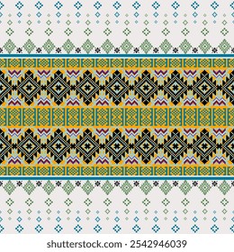 A vibrant and intricate Thai silk pattern featuring geometric shapes in shades of yellow, orange, black, and white. The design showcases traditional Thai textile techniques and is perfect for various 
