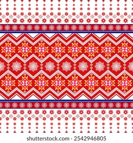 Un patrón de seda tailandés vibrante e intrincado con Formas geométricas en tonos de rojo, azul, amarillo y blanco. El diseño exhibe las técnicas textiles tailandesas tradicionales y es perfecto para varios diseños