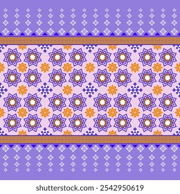 A vibrant and intricate Thai silk pattern featuring geometric shapes in shades of red, blue, and white. The design showcases traditional Thai textile techniques and is perfect for various design proje