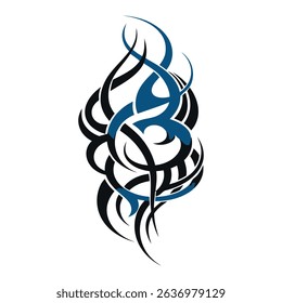 A vibrant and intricate vector illustration of a tribal art design, presented in striking blue and black hues. This abstract pattern features interconnected, flowing lines, sharp points, and organic 