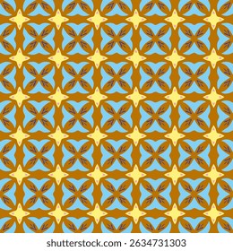 A vibrant and intricately designed seamless pattern featuring a harmonious blend of warm and cool tones. The background alternates between rich brown and soft blue hues, creating a dynamic contrast th