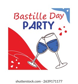 A vibrant invitation design for a Bastille Day party.  Features two champagne flutes filled with blue liquid, set against a red and blue background with celebratory text