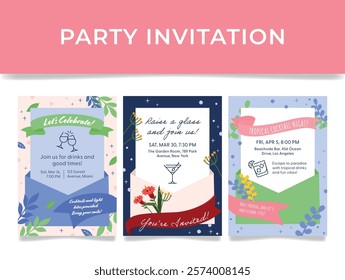 Vibrant invitation templates for a festive weekend cocktail party to enjoy drinks and socialize with like-minded people