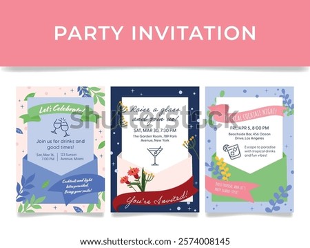 Vibrant invitation templates for a festive weekend cocktail party to enjoy drinks and socialize with like-minded people