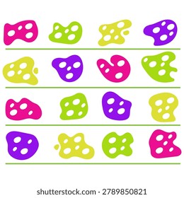 Vibrant irregular blobs in pink, lime, yellow, and purple float across white space, arranged in four horizontal rows separated by green lines.
