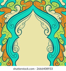 Vibrante marco de arco islámico con ornamentación árabe azul y naranja