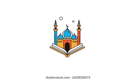 A vibrant islamic educational symbol featuring an open book and a detailed mosque illustration with bright colors and celestial elements