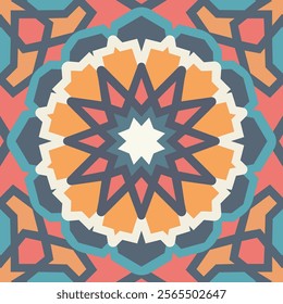 A vibrant Islamic geometric design showcasing a central starburst pattern in orange, pink, and blue with dynamic symmetry. Seamless pattern.