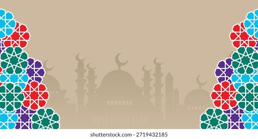 Vibrantes patrones geométricos islámicos que enmarcan un fondo suave de la silueta de la mezquita, creando una atmósfera colorida y festiva para el Ramadán o eventos religiosos.