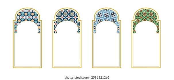 Vibrant Islamic window designs are presented with intricate geometric patterns. These ornamental windows feature elaborate arches and colorful mosaics, reflecting rich cultural heritage.