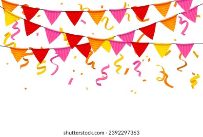 Vibrant isolated confetti, flags, ribbons, creating atmosphere for a happy birthday. Design perfect for birthday parties, anniversaries, or any joyful event. Not AI generated.