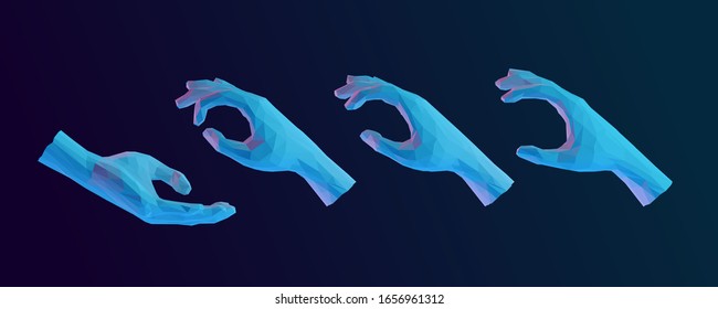 Vibrant Isolated Hand. Set of Holographic Holding and Giving Hands on Isolated Background. Low Poly Vector 3D Rendering