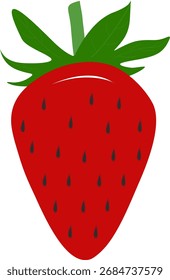 Una ilustración vibrante y aislada de una sola fresa roja con hojas verdes y semillas negras, presentada con un fondo transparente, perfecto para temas de Diseño gráfico o culinarios.
