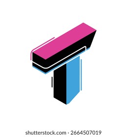 Vibrant isometric 3D letter T in pink, black, and blue. Modern abstract graphic design element for branding, logos, and typography.
