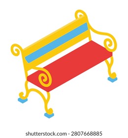 A vibrant isometric bench featuring a bright yellow metal frame and a bold red seat. This colorful street furniture piece is perfect for park or garden concepts.