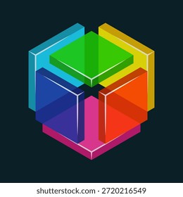 A vibrant isometric cube composed of translucent colorful blocks. This 3D geometric design features a spectrum of colors (blue, green, yellow, orange, red, and purple) arranged in a modular structure