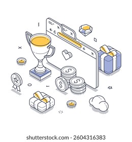 Vibrant isometric design highlighting key elements of a reward program. Icons representing a trophy, money coins, and gift boxes, conveying the concept of achievement and benefits. Vector illustration