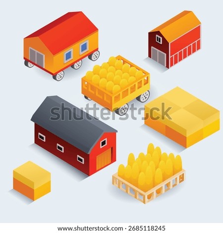 A vibrant isometric farm layout featuring red barns, yellow crates of eggs, and delivery wagons. Bright, friendly imagery evokes agriculture, storage, and logistics, suitable for branding, education, 