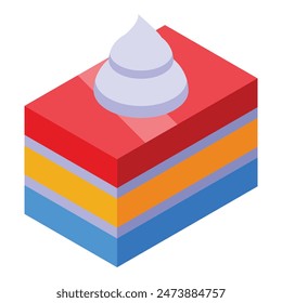 Vibrant isometric graphic of a layered cake piece with cream on top, ideal for design use