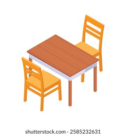 A vibrant isometric icon depicts a simple dining table with two chairs.
