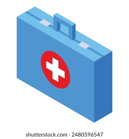 Vibrant isometric illustration of a blue first aid kit with a red cross symbol