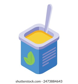 Vibrant isometric illustration of a blue yogurt container with a spoon, suitable for foodrelated designs