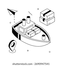 Una ilustración isométrica vibrante de un barco de carga que lleva varias cajas