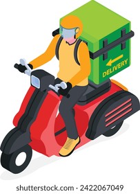 A vibrant isometric illustration of a delivery boy speeding on a scooter, carrying a bag of packages. Perfect for logistics, e-commerce, and delivery service websites or apps.