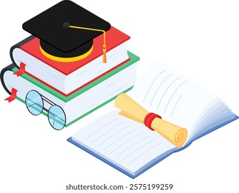 A vibrant isometric illustration depicting a graduation cap resting on a stack of books, symbolizing the journey of education. An open book with a diploma peeking out represents the path to academic a