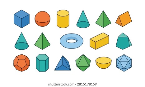 A vibrant isometric illustration showcasing a variety of 3D geometric shapes including cubes, spheres, cylinders, cones, pyramids, prisms, and polyhedra.