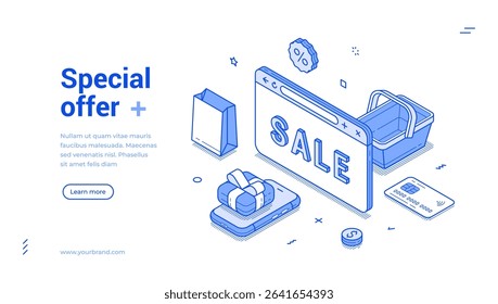 A vibrant isometric line banner showcases a special offer, including shopping elements like a gift box, sale sign, and shopping bag. It invites users to learn more about promotional deals available.