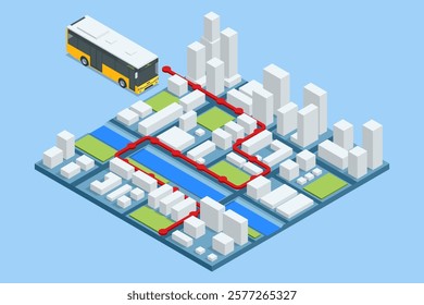 A vibrant isometric map showing a bus route winding through a modern cityscape with buildings and rivers, ideal for route planning