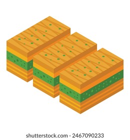 Vibrant isometric vector design of traditional baklava with layers and pistachio topping