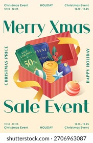 Vibrante Ilustración vectorial isométrica de un evento de venta de Navidades con caja de regalo abierta llena de Cupones de descuento, monedas y adornos para la promoción.