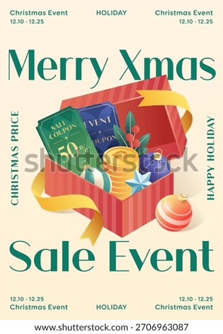 Vibrant Isometric vector illustration of a Christmas Sale Event with open gift box full of discount coupons, coins, and ornaments for promotion.