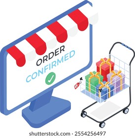 A vibrant isometric vector illustration depicting a successful online shopping experience. Features a digital storefront on a monitor with a "Order Confirmed" message and a shopping cart.