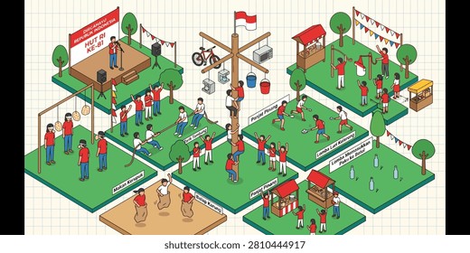 Vibrant isometric vector illustration depicting Indonesian Independence Day traditional games and community festival celebration